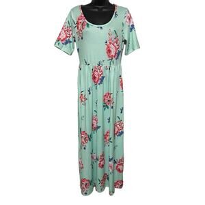 Tickled‎ Teal Mint Green Floral Short Sleeve Long Modest Maxi Dress Medium